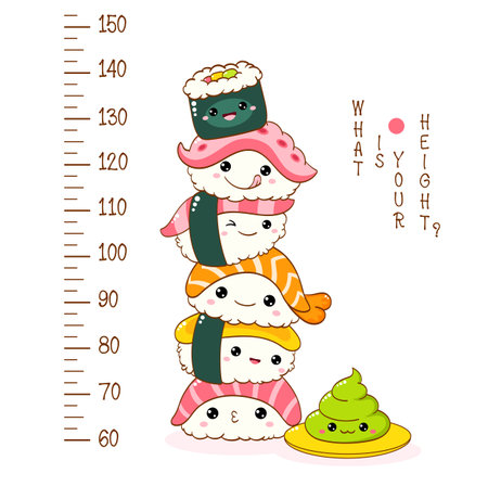 Height chart with stack of cute sushi and rolls in kawaii style with smiling faces. Kids meter. Inscription - What is your height? Meter wall or baby scale of growth. Vector illustration EPS8のイラスト素材