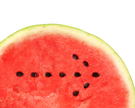 Red ripe sweet watermelon with arrow from out of seeds. Isolated on white backgroundの写真素材