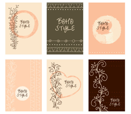 Set of vertical banners with tribal ornaments of pink, dark green, brown and beige colors. Collection of label, sticker, tag in boho style. Vector illustration EPS8のイラスト素材