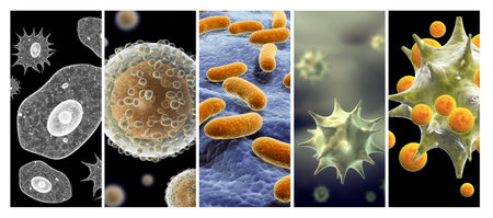 Collection of horizontal or vertical banners with pathogenic bacterias and viruses. Virus under microscope. Fast multiplication of bacteria. Infection and microbe. 3d renderの写真素材