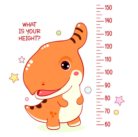 Height chart with kawaii baby dinosaur. Kids meter with cute little dino. Inscription - What is your height? Meter wall or baby scale of growth. Vector illustration EPS8のイラスト素材