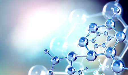 Horizontal banner with model of abstract molecular structure. Background of blue color with glass atom model. Copy space for your text. 3d renderの写真素材