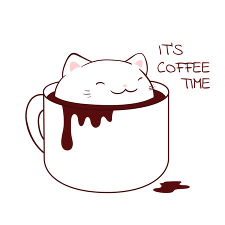 Square retro card with cute animal in cup in kawaii style. Vintage style card with lovely little cat in cup. Can be used for t-shirt print, stickers, greeting card design. Vector illustration EPS8のイラスト素材