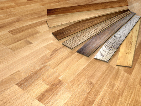New parquet planks of different colors with different wood species on wooden floor. Copy space for text. 3d renderの写真素材