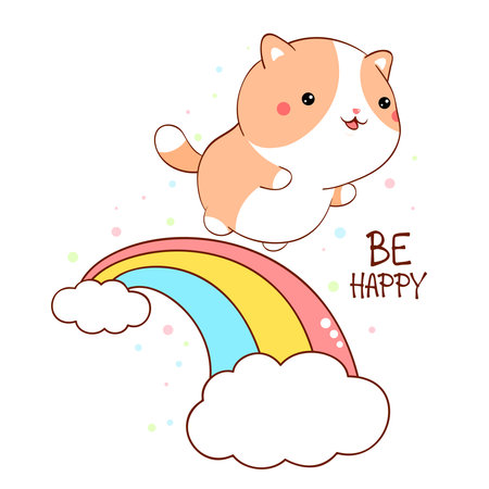 Affirmation for kids playroom, nursery. Sticker with inspirational positive quote Be happy. Cute little cat walks on the rainbow. Can be used for card, poster, t-shirt. Vector EPS8のイラスト素材