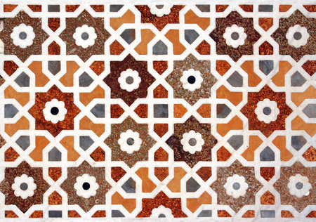 Mosaic of amber, cornelian, jasper, lapis lazuli, onyx, topaz and marble. Ancient decorative ornament wall of the famous Itimad-ud-Daula mausoleum, Agra, Uttar Pradesh, Indiaの写真素材