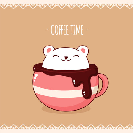 Square retro card with cute animal in cup in kawaii style. Vintage style card with lovely little polar bear in cup. Can be used for t-shirt print, stickers, greeting card design. Vector illustration EPS8のイラスト素材