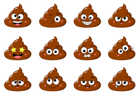 Collection of Cute funny poop with different mood. Set of cartoon poo emoji faces in different expressions - happy, sad, cry, fear, crazy. Vector illustration EPS8のイラスト素材