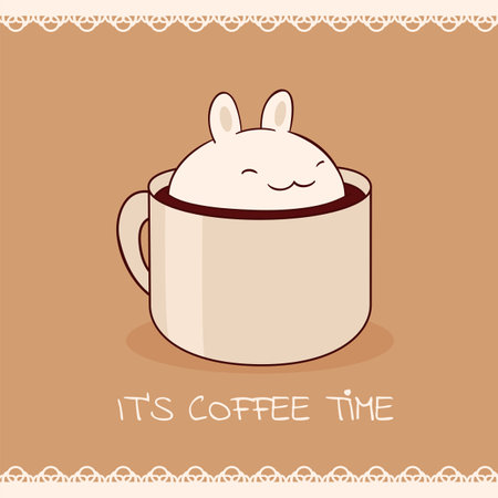 Square retro card with cute animal in cup in kawaii style. Vintage style card with lovely little bunny in cup. Can be used for t-shirt print, stickers, greeting card design. Vector illustration EPS8のイラスト素材