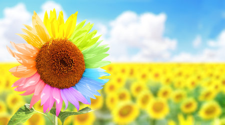 Friendship and tolerance concept. To be yourself, to be unique. Field of ordinary sunflowers and one colorful sunflower. Horizontal summer banner with sunflowers fieldの写真素材