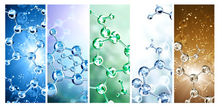 Set of vertical banners with models of abstract molecular structure. Collection of backgrounds with glass atom model. Copy space for your text. Mock up template. 3d renderの写真素材