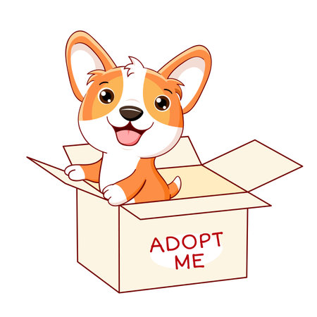 Cute little puppy in box. Inscription Adopt me. Help homeless animals find a home. Animal care, adoption concept. Adopt a Friend. Vector illustration EPS8のイラスト素材