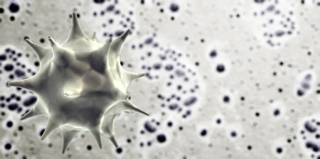 Horizontal or vertical banner with pathogenic bacterias and viruses. Virus under microscope. Fast multiplication of bacteria. Infection and microbe. Copy space for text. 3d renderの写真素材