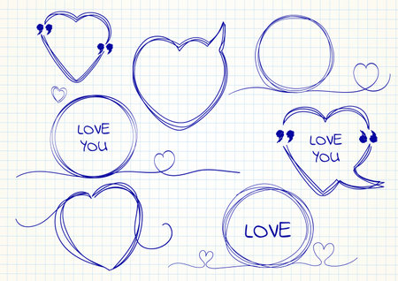 Vector collection of scribbled comic heart-shaped speech bubbles with hand drawn style on old notebook page. Copy space for quote. Set of template for your text. Vector illustration EPS8のイラスト素材