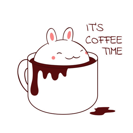 Square retro card with cute animal in cup in kawaii style. Vintage style card with lovely little bunny in cup. Can be used for t-shirt print, stickers, greeting card design. Vector illustration EPS8のイラスト素材