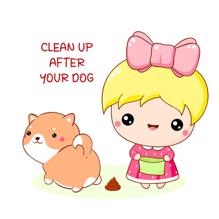 Clean up after your dog. Cute little girl with plastic bag cleaning up her puppy's excrement. Cleaning up dog droppings. Vector illustration EPS8のイラスト素材