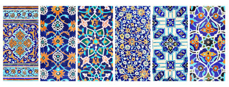 Set of vertical or horizontal banners with detail of ancient mosaic walls with floral and geometric ornaments. Collection of backgrounds with traditional iranian tile decorationsの写真素材