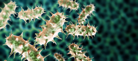 Horizontal or vertical banner with pathogenic bacterias and viruses. Virus under microscope. Fast multiplication of bacteria. Infection and microbe. Copy space for text. 3d renderの写真素材