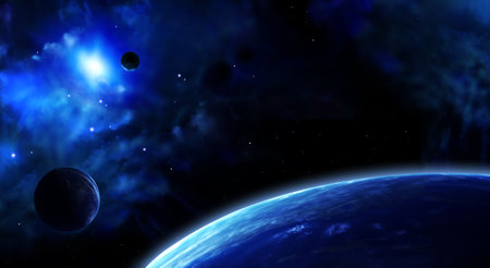 Horizontal galaxy banner. A beautiful space scene with sun, planets and nebula.の写真素材