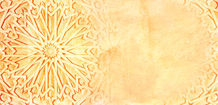 Grunge background with stucco texture and ancient carved ornament, Morocco. Horizontal or vertical banner with ornament in Moroccan style. Mock up template. Copy space for textの写真素材