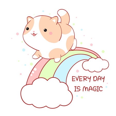 Affirmation for kids playroom, nursery. Sticker with inspirational positive quote Every day is magic. Cute little cat walks on the rainbow. Can be used for card, poster, t-shirt. Vector EPS8のイラスト素材