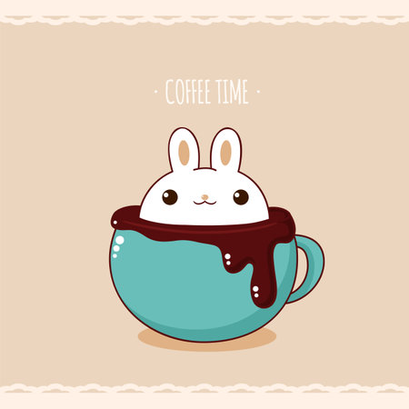 Square retro card with cute animal in cup in kawaii style. Vintage style card with lovely little bunny in cup. Can be used for t-shirt print, stickers, greeting card design. Vector illustration EPS8のイラスト素材