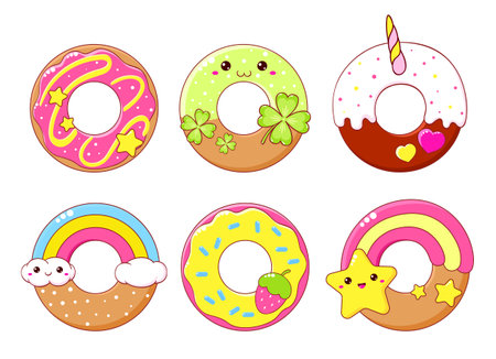 Set of cute magic donuts in kawaii style. Collection of donut with fairy tale decorations. Can be used for t-shirt print, stickers, greeting card design. Vector illustration EPS8のイラスト素材