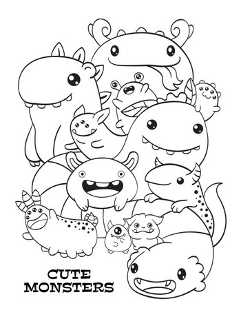 Black and white pattern with aliens for coloring. Cute monsters friends. Coloring page with fantasy characters for children and adults. Coloring book anti-stress. Vector illustration EPS8のイラスト素材