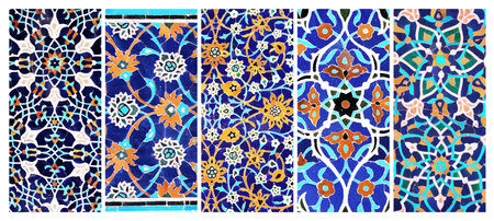 Set of vertical or horizontal banners with detail of ancient mosaic walls with floral and geometric ornaments. Collection of backgrounds with traditional iranian tile decorationsの写真素材