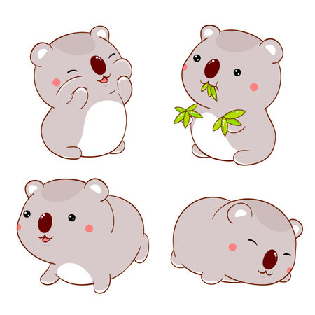 Set of cute fat cartoon koalas in kawaii style. Collection of lovely koala baby in different poses. Funny koalas -  eating eucalyptus leaves, sitting, sleeping. Vector illustration EPS8のイラスト素材