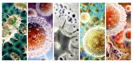 Collection of horizontal or vertical banners with pathogenic bacterias and viruses. Virus under microscope. Fast multiplication of bacteria. Infection and microbe. 3d renderの写真素材