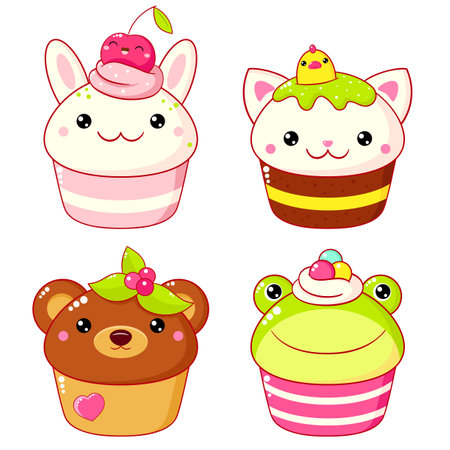 Set of cute sweet animal-shaped desserts in kawaii style. Cake, muffin and cupcake with whipped cream and berry. Frog, bear, bunny and cat. Vector illustration EPS8のイラスト素材