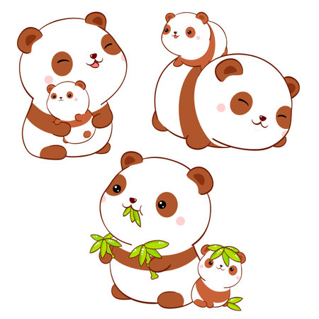 Set of cute fat panda kawaii style. Collection of lovely mom and baby pandas in different poses. Can be used for t-shirt print, stickers, greeting card design. Vector illustration EPS8のイラスト素材