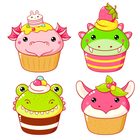 Set of cute sweet dragon-shaped desserts in kawaii style. Cake, muffin and cupcake with whipped cream and berry. Vector illustration EPS8のイラスト素材