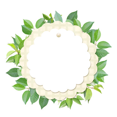Responsible consumption. Circle made from green leaves and round label from recycled paper. Eco-friendly business. Love of nature. Ecology and zero waste concept. Isolated on white backgroundの写真素材