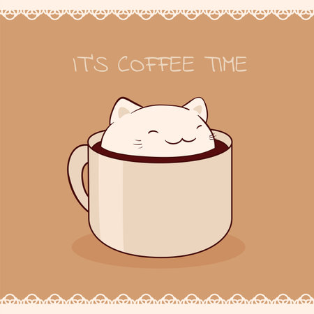 Square retro card with cute animal in cup in kawaii style. Vintage style card with lovely little cat in cup. Can be used for t-shirt print, stickers, greeting card design. Vector illustration EPS8のイラスト素材
