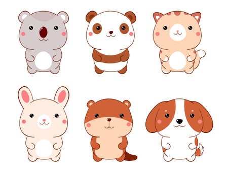 Set of cute fat cartoon animals in kawaii style. Collection of lovely animal baby. Funny dog, cat, panda, beaver, koala, bunny. Vector illustration EPS8のイラスト素材