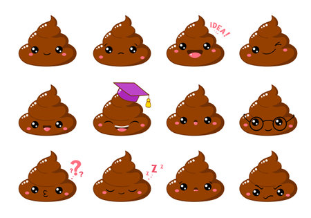 Collection of Cute funny poop with different mood. Set of cartoon poo emoji faces in different expressions - happy, sad, cry, fear, crazy. Vector illustration EPS8のイラスト素材