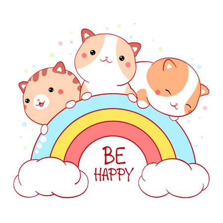 Square card in kawaii style with three fat kitty on rainbow. Greeting card with three cute little cats and inscription Be happy. Can be used for t-shirt print, sticker. Vector illustration EPS8のイラスト素材