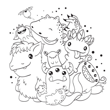 Black and white pattern with aliens for coloring. Cute monsters friends. Coloring page with fantasy characters for children and adults. Coloring book anti-stress. Vector illustration EPS8のイラスト素材