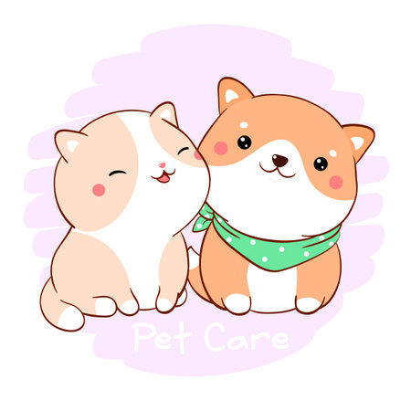 Pet Care concept. Cute fat cartoon cat and dog in kawaii style. Lovely friends puppy and kitty together. Love and friendship. Domestic animals. Vector illustration EPS8のイラスト素材