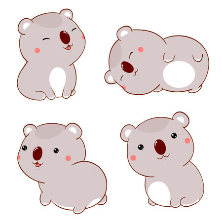 Set of cute fat cartoon koalas in kawaii style. Collection of lovely koala baby in different poses. Vector illustration EPS8のイラスト素材
