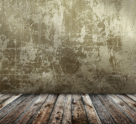 Empty interior scene with stucco wall and wooden floor. Open space with concrete wall and wooden floor. Mock-up with copy space. Grunge interior background. 3d renderの写真素材