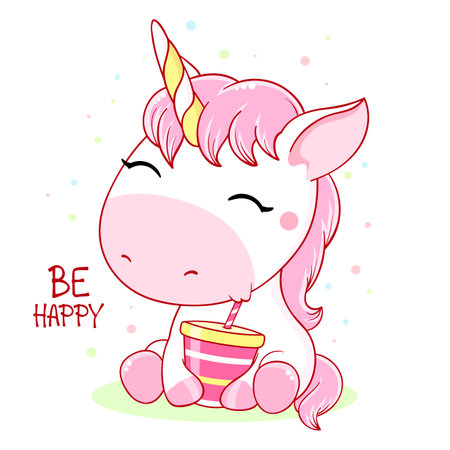 Cute baby card in kawaii style. Little unicorn drinking from a glass through a straw. Inscription Be happy. Can be used for t-shirt print, stickers, greeting card design. Vector illustration EPS8のイラスト素材