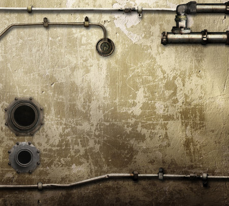 Vintage steampunk backdrop with pipes on stucco wall. Open space with concrete wall and pipelines. Mock-up with copy space. Grunge interior background. 3d renderの写真素材