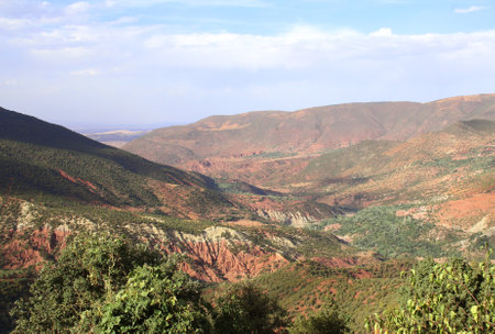 Mountain landscape in the North Africa, Morocco. Aerial view of Atlas mountains. Beautiful top view on scenic over huge hill rangeの写真素材