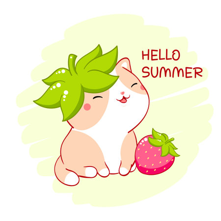 Cute fat cat with strawberry. Inscription Hello summer. Kawaii little kitty and ripe red berry. Happy summer time. Vector illustration EPS8のイラスト素材