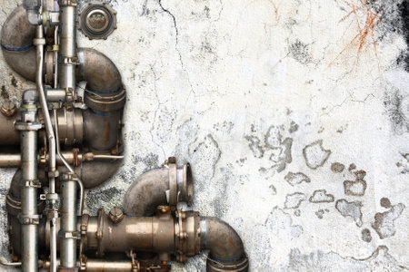 Vintage steampunk backdrop with pipes on stucco wall. Open space with concrete wall and pipelines. Mockup template. Copy space for text. Grunge interior retro backgroundの写真素材