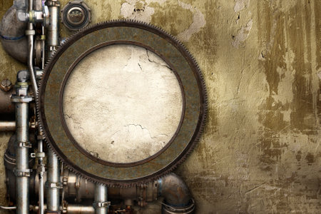 Vintage steampunk backdrop with round frame, pipes on stucco wall. Open space with concrete wall and pipelines. Mockup template. Copy space for text. Grunge interior retro backgroundの写真素材