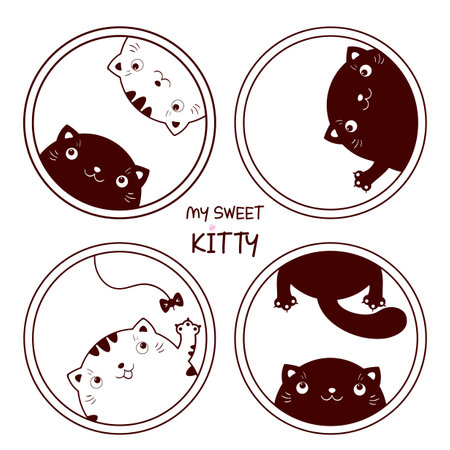 My sweet kitty.  Set of round monochrome icons with cute cats. Collection of lovely kitty in different poses. Can be used for t-shirt print, stickers, greeting card design. Vector illustration EPS8のイラスト素材